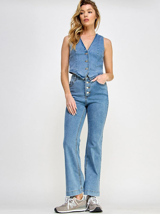 Button Closure Wide Leg Denim